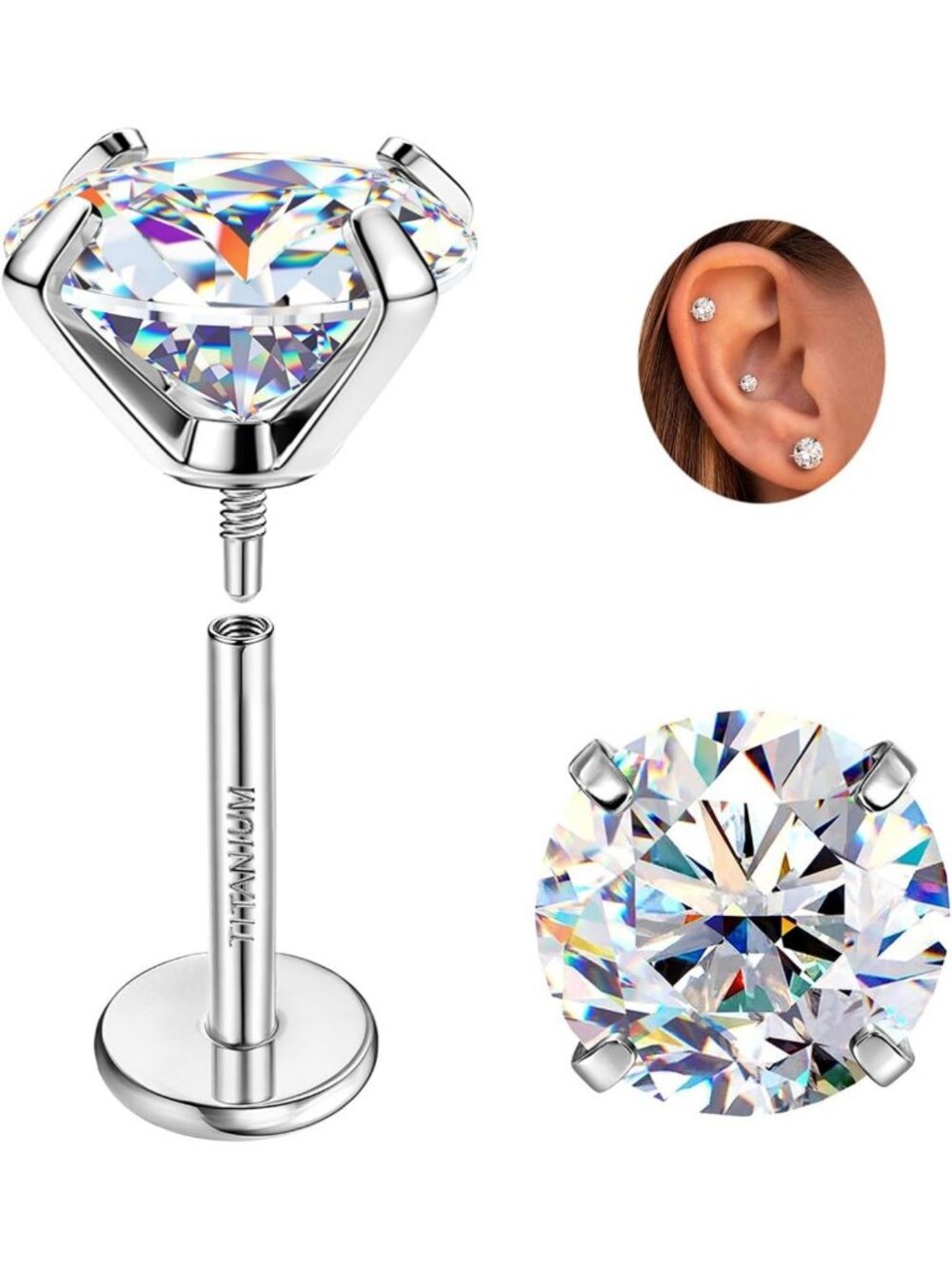 Moissanite & Titanium Flat Back Earrings, 0.2-3CT, Hypoallergenic, Stylish